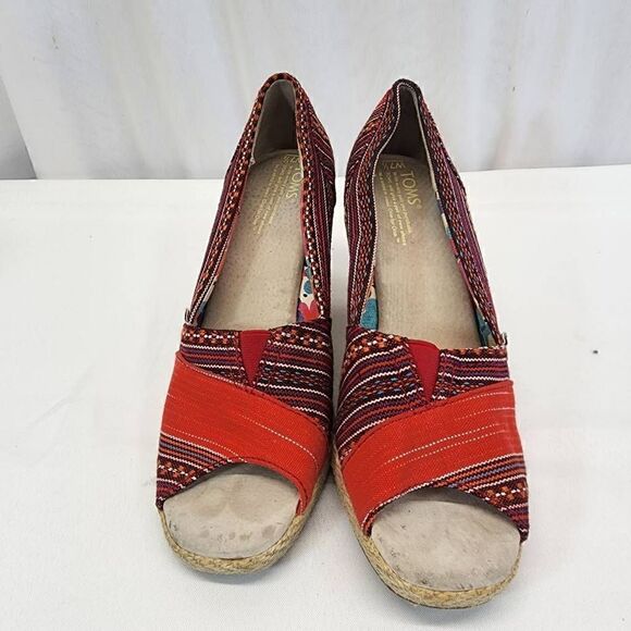 Toms Lina Red Aztec Westrern Espadrille Peep Toe Wedges Boho Casual Womens Size - Picture 3 of 9